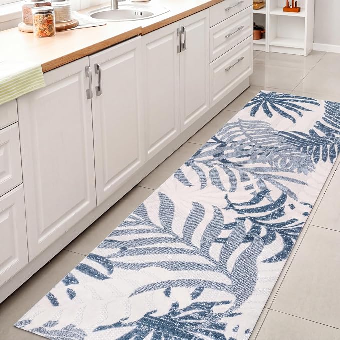 JONATHAN Y Tropics Palm Leaves Indoor Outdoor Runner Rug 2X8 Cream/Dark Blue - Image 3