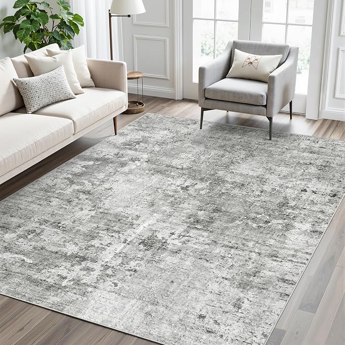 Soalmost Abstract Rug 5x7 Machine Washable Area Indoor Grey White Low Pile by Soalmost