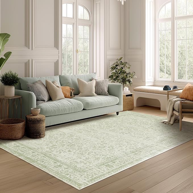 Sage Green Area Rug for Bedroom Neutral Boho Farmhouse Floral Distressed Design - Image 8