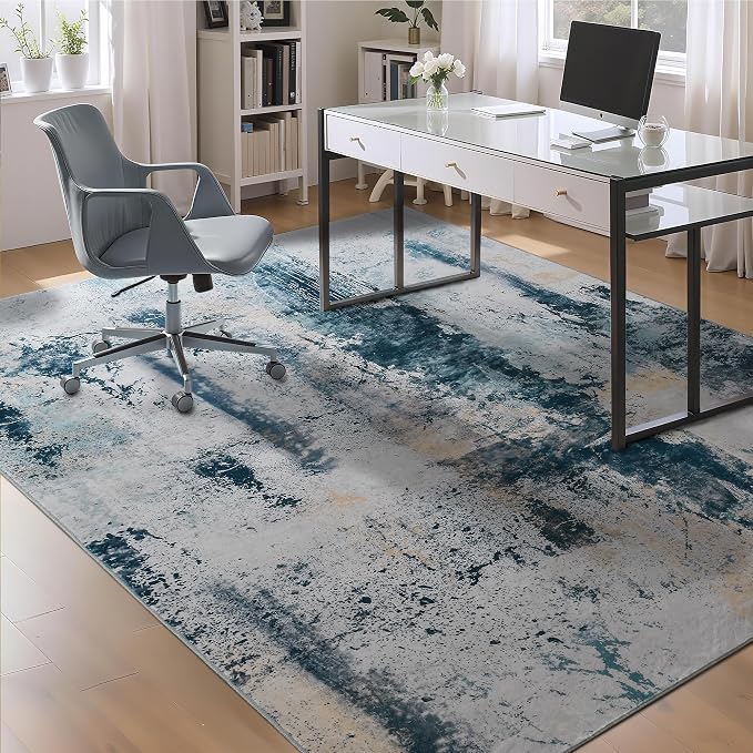 Living Room Rug 9x11 Aqua Blue Area Rugs Machine Washable Abstract Boho Large by OmpaaHomeDecor