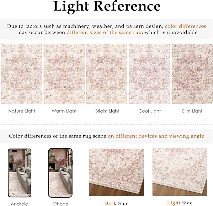 8x10 Washable Neutral Area Rug Pink Vintage Living Room Bedroom Carpet Non-Slip - Image 9