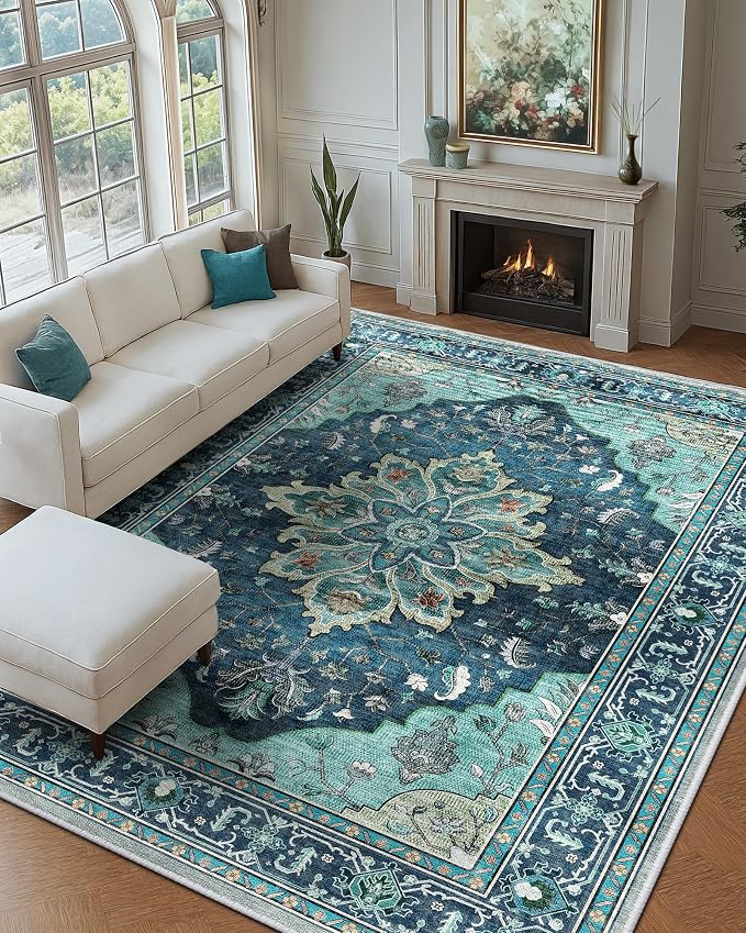 RELEANY Area Rugs Large 9'x12' Washable Non-Slip, Floral Vintage Distress - Image 2