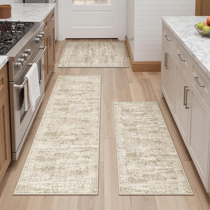 Washable Kitchen Rugs Sets of 3 Piece, Hallway Runner Rug Non-Slip by Restydon
