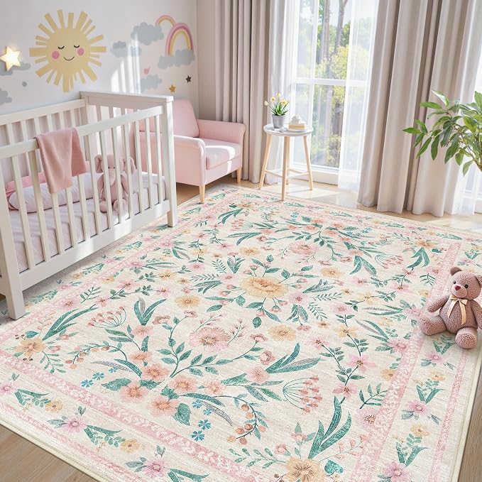 5x7 Pink Floral Nursery Rug, Machine Washable Non Slip Soft Faux Wool Carpet - Image 7