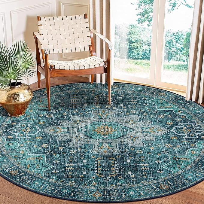 Moynesa Ultra-Thin Washable Round Rug - 6ft Teal Large Living Room Circle Area by Moynesa