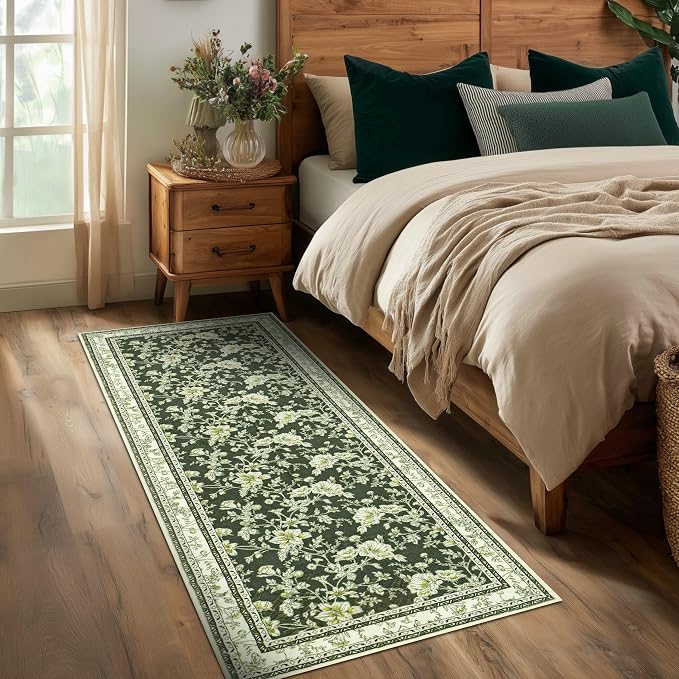 Olive Green Floral Print Area Rugs - Image 3