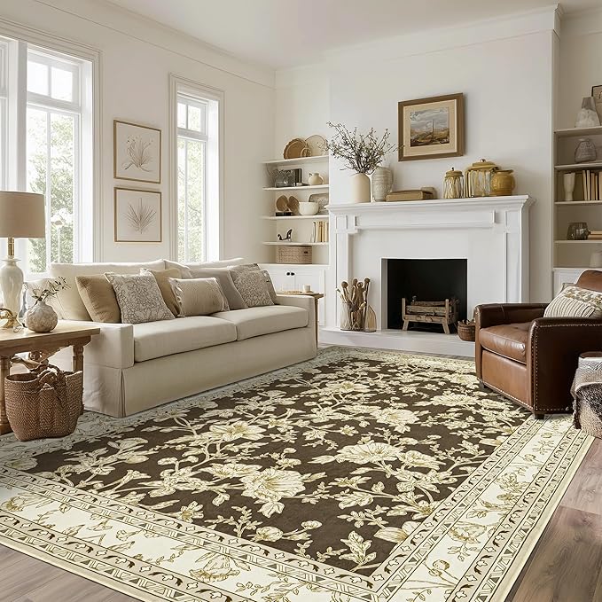 Brown Floral Rug 5x7 Machine Washable Area Rug by BILEEHOME