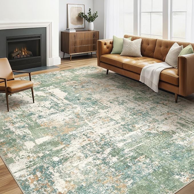 5x8 Area Rug Living Room: Washable Large Abstract Soft Green Rugs Stain by LOONGRUG