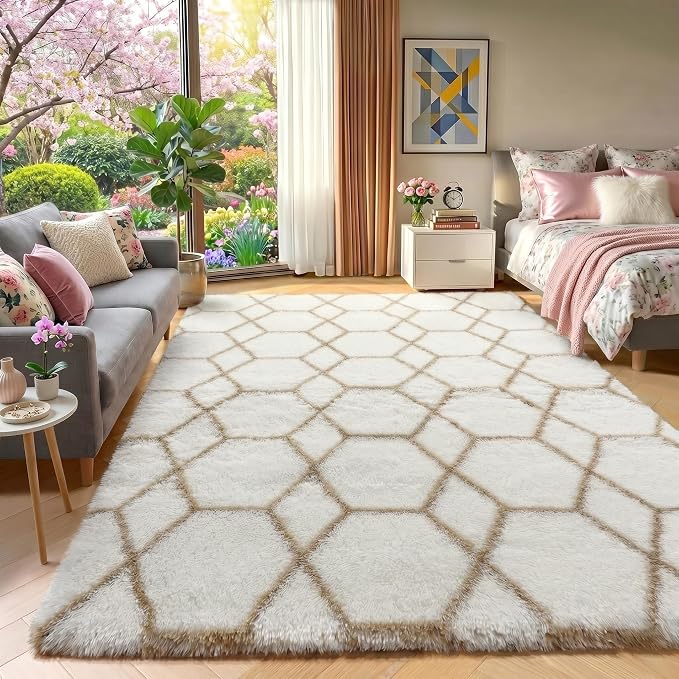 ONASAR Area Rugs for Bedroom Living Room, Fluffy 4x6 White and Beige Throw Rug by ONASAR