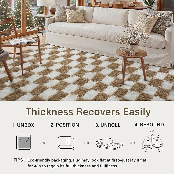 PureCozy 9x12 Area Rugs for Living Room Brown Soft Shag Checkered Large Rug - Image 4