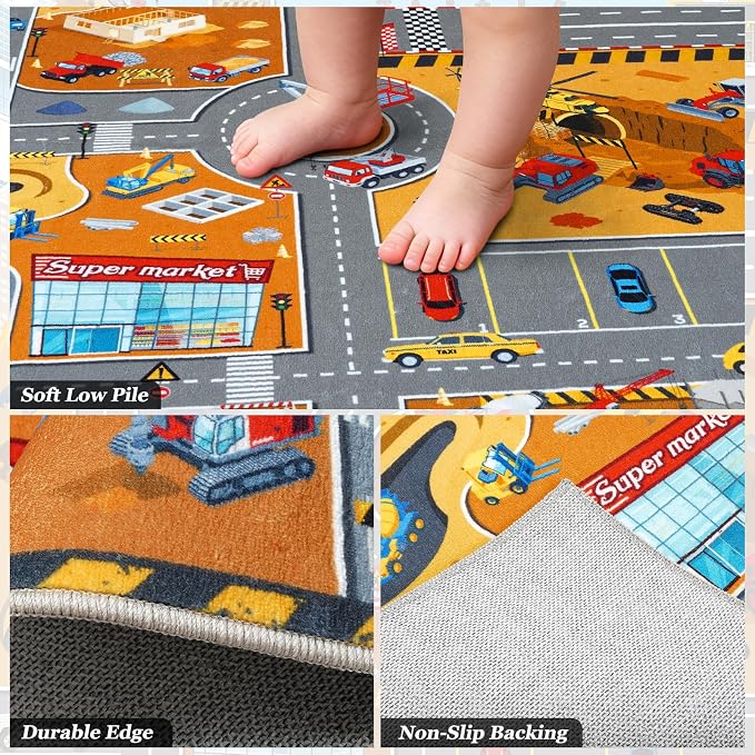 Kids Play Rug 4x5 Ft, Non-Slip Car Rug Play Mat, Washable Soft Construction - Image 8