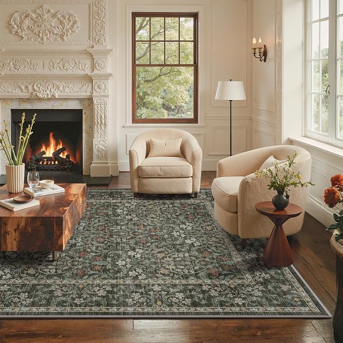 GENIMO 5x7 Washable Area Rug, Non-Slip Vintage Boho Floral Carpet, Soft - Image 4
