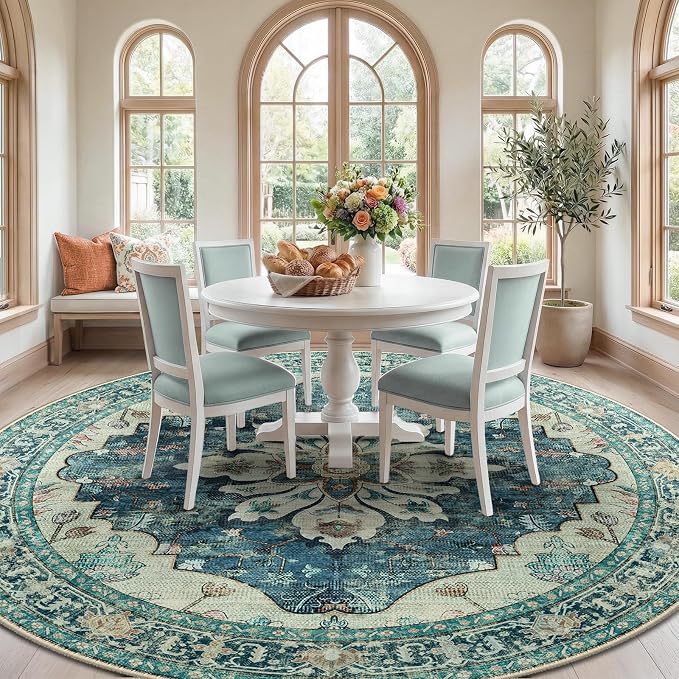 RELEANY Area Rugs Round 10ft Washable Non-Slip, Floral Vintage Distress - Image 3