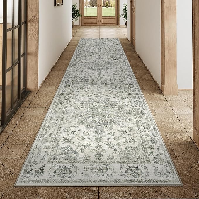2x8 Washable Neutral Runner Rug Green Vintage Hallway Kitchen Carpet Non-Slip by WondRg