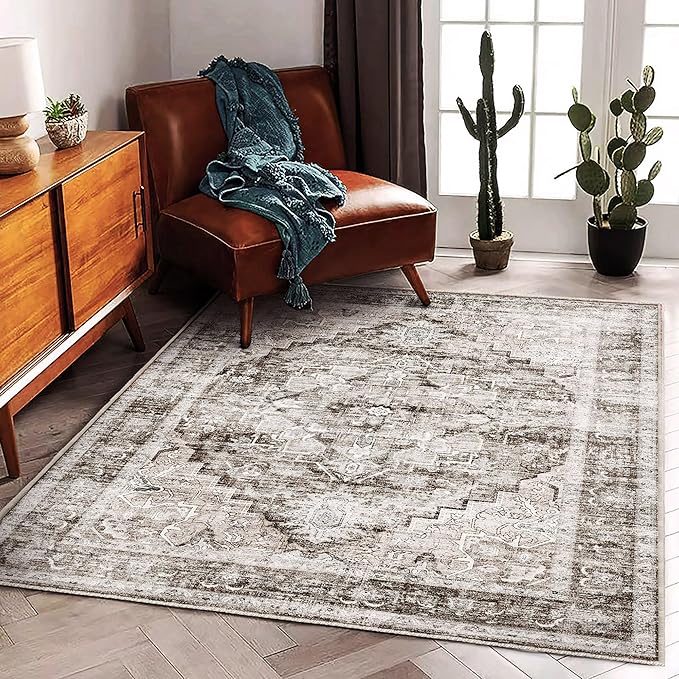 CHAMPLANT Area Rug 5'x7' Deep Khaki Washable Vintage Traditional Floor Cover - Image 2