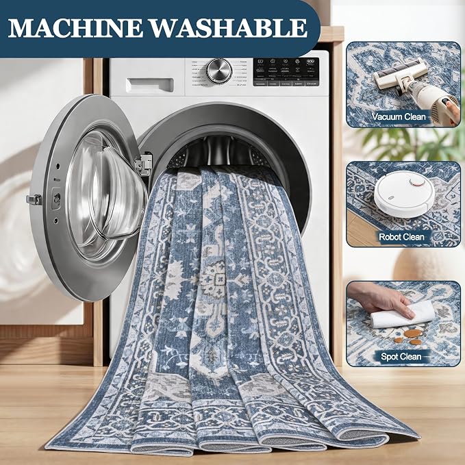 6x9 Area Rugs for Living Room:Blue Washable Vintage Medallion Boho Rug Non-Slip - Image 7