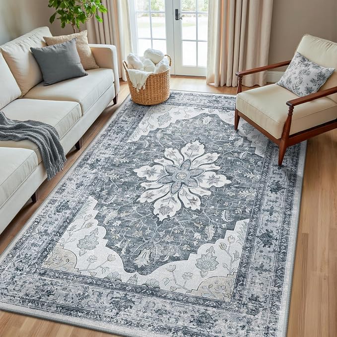 RELEANY Area Rugs 5'x8' Washable Non-Slip, Floral Vintage Distress Medallion by RELEANY