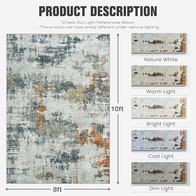 Area Rug 8x10 Living Room Rug Washable: No-Slip Abstract Soft Thin Large Grey - Image 2
