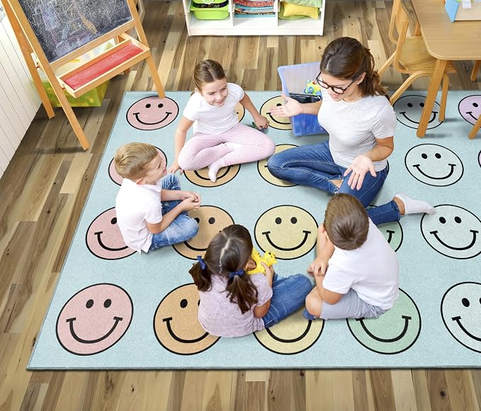 Flagship Carpets Pastel Rainbow Smileys Criss-Cross Applesauce Educational Area - Image 2