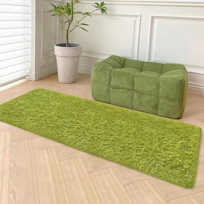 Soft Grass Green Fluffy Rug for Bedroom Living Room, 2x8 ft Fuzzy Green Shag - Image 3