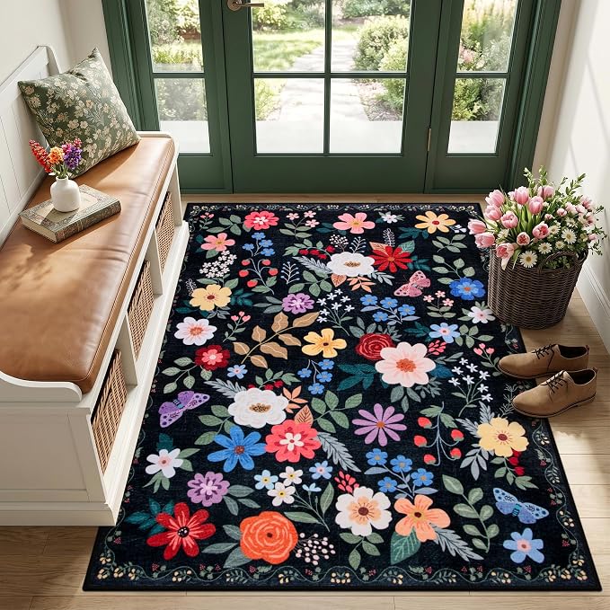 Area Rug Living Room Rugs: Floral 3x5 Washable Rug Vintage Soft Boho Non-Slip by PLHXFRSoftAreaRugs