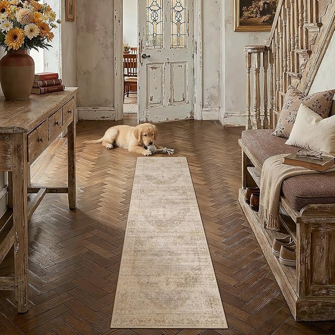 2x8 Washable Neutral Runner Rug Beige Vintage Hallway Kitchen Carpet Non-Slip - Image 3