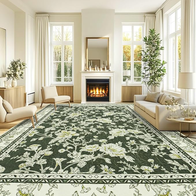 Olive Green Boho 9x12 Rug Living Room Extra Large Washable Non Slip Soft by BILEEHOME