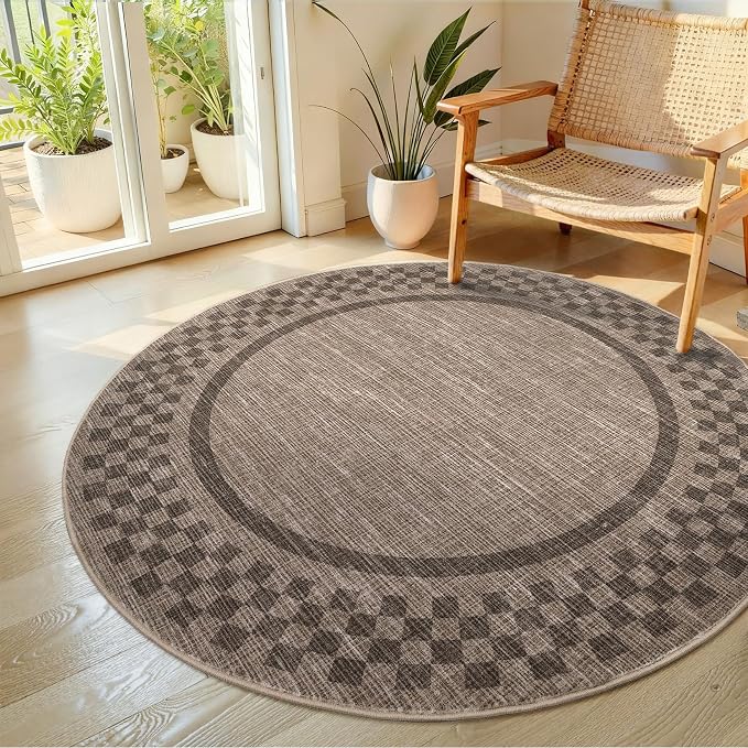 6ft Washable Round Rug for Entryway Modern Checkered Bedroom Circle Rug Non - Image 2
