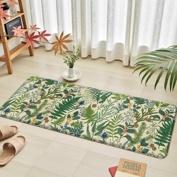 Beige Green Botanical Kitchen Rugs Set of 2 Plant Leaf Anti-Fatigue Kitchen Mat - Image 3