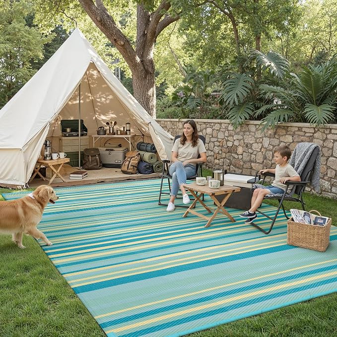 Outdoor Plastic Straw Rug Waterproof Patio 8x10 Teal Yellow Stripe Mat - Image 3