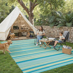 Outdoor Plastic Straw Rug Waterproof Patio 8x10 Teal Yellow Stripe Mat - Image 3