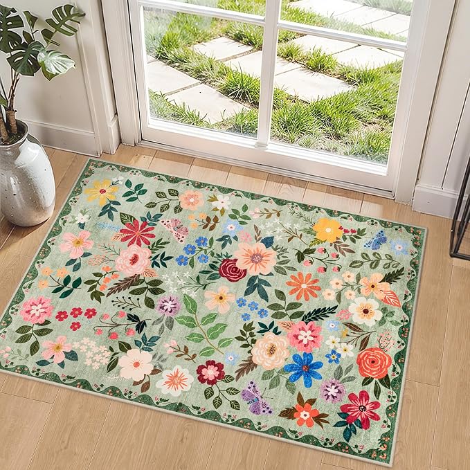 Entryway Rug 2X3 Small Rugs: Floral Washable Door Mat Vintage Soft Low Pile by PLHXFRSoftAreaRugs
