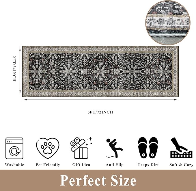 2x6 Washable Kitchen Runner Rug – Non-Slip Boho Vintage Carpet Runner - Image 2