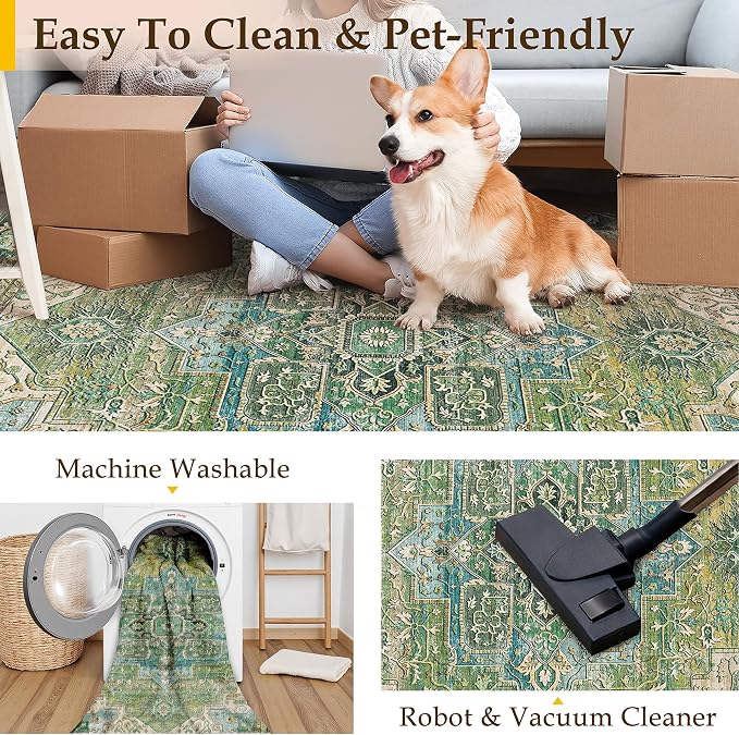 9x12 Washable Vintage Area Rug Green Oriental Living Room Bedroom Throw Rug - Image 5