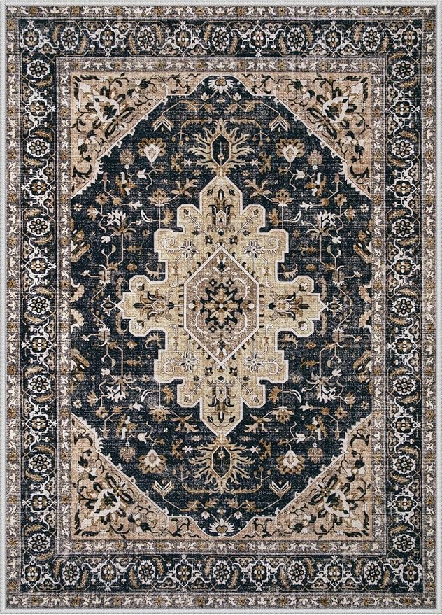 Area Rugs 6x9 Vintage Rug: Washable Living Room Rug Retro Medallion Distressed - Image 8