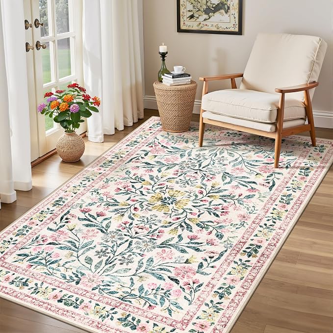 Area Rug Living Room Rugs: Floral 3x5 Washable Rug Vintage Soft Boho Non-Slip - Image 4