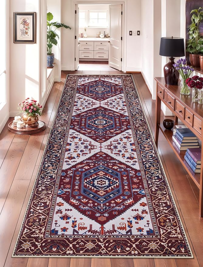 SERISSA Runner Rug for Hallways, Long Boho Rug Vintage Burgundy Navy Hallway by SERISSAHomeDecorCollection