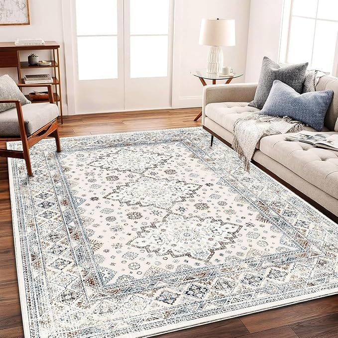 CHAMPLANT Washable Area Rug 9x12 Retro Flowers Boho Design Non-Shedding Easy by CHAMPLANT