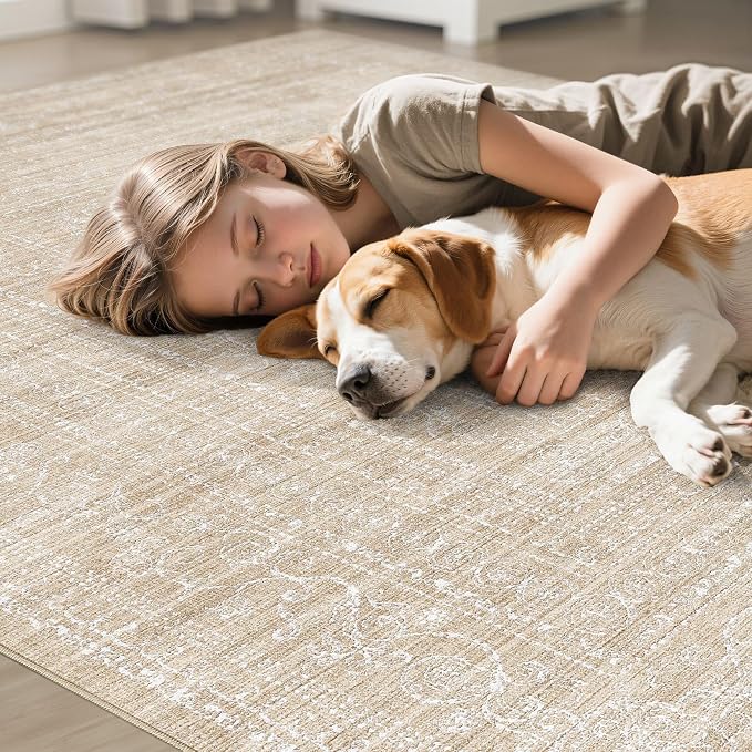 7x9 Area Rug Living Room: Washable Large Neutral Soft Rug Farmhouse Stain - Image 7