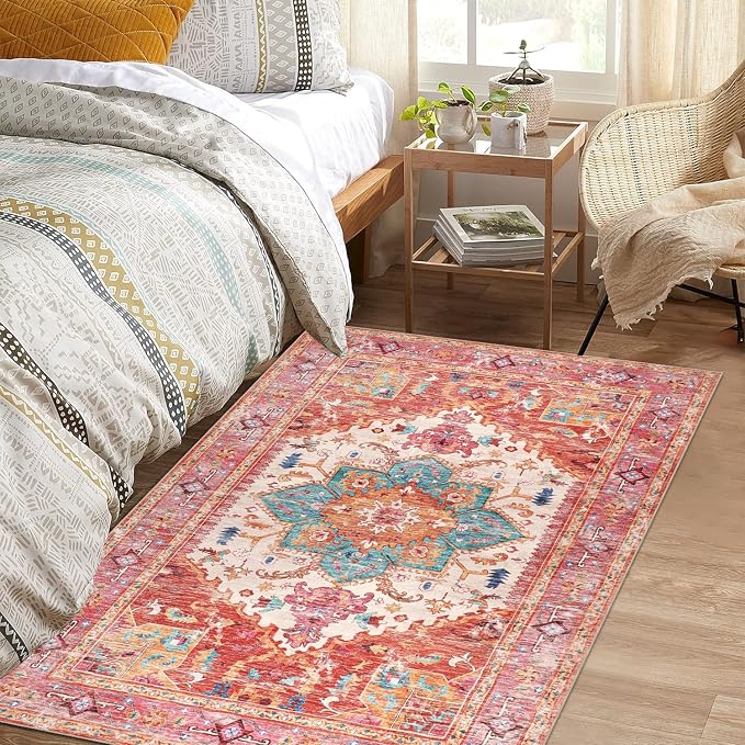Yamaziot Washable Area Rug, 4x6 Non-Slip Boho Vintage Living Room Bedroom Rug - Image 6