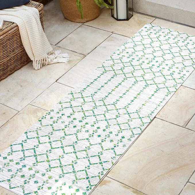 JONATHAN Y Moroccan Geometric Indoor Outdoor Runner Rug 2X8 Green/Ivory - Image 3