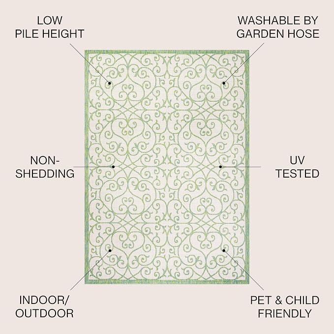 JONATHAN Y Vintage Filigree Indoor Outdoor Area Rug 5X8 Cream/Green, Madrid - Image 3