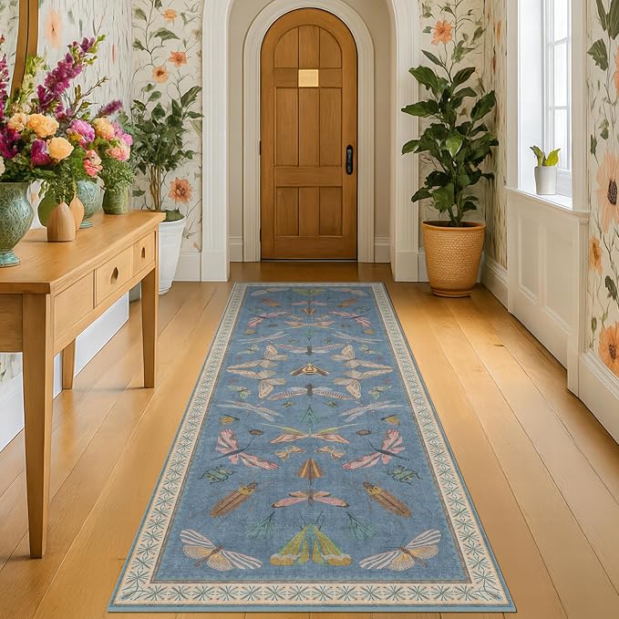 Hazo Haus Blue Boho Hallway Runner Rug 2x8, Washable Non Slip Rug by HazoHaus