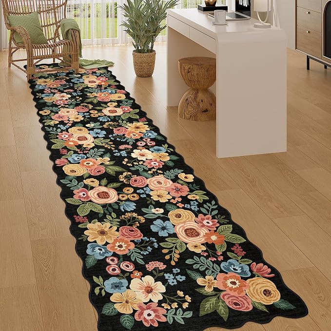 DUKINO 2.6x10 Runner Rug for Hallway, Lightweight Washable Floral Kitchen Rug by DUKINO