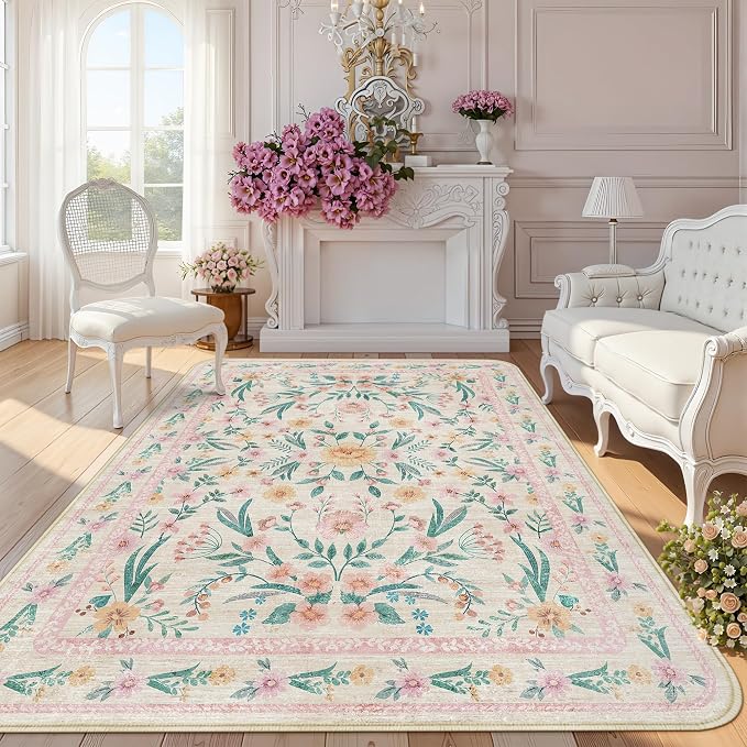 Pink Floral Rug 6x9 for Living Room, Washable Non-Slip Area Rug for Girls by Dadasgk