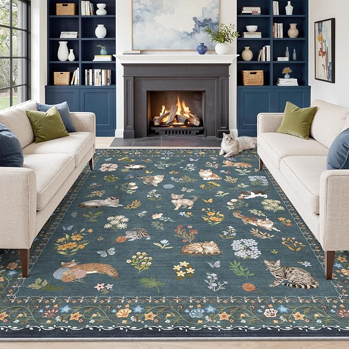 Soalmost Cat 8x10 Area Rugs for Living Room, Machine Washable Animal Floral by Soalmost