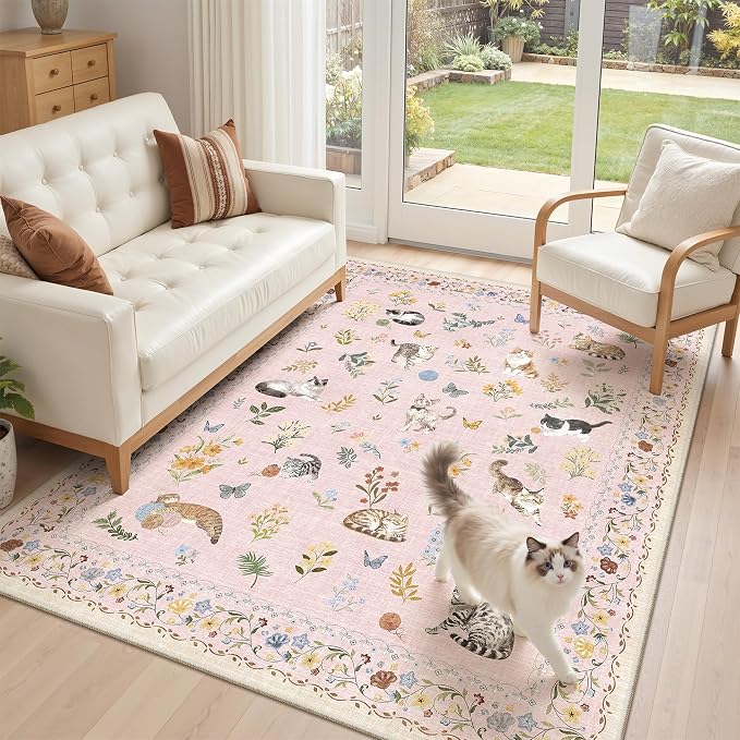 Soalmost Cat 3x5 Area Rugs for Entryway, Machine Washable Animal Floral Accent - Image 4