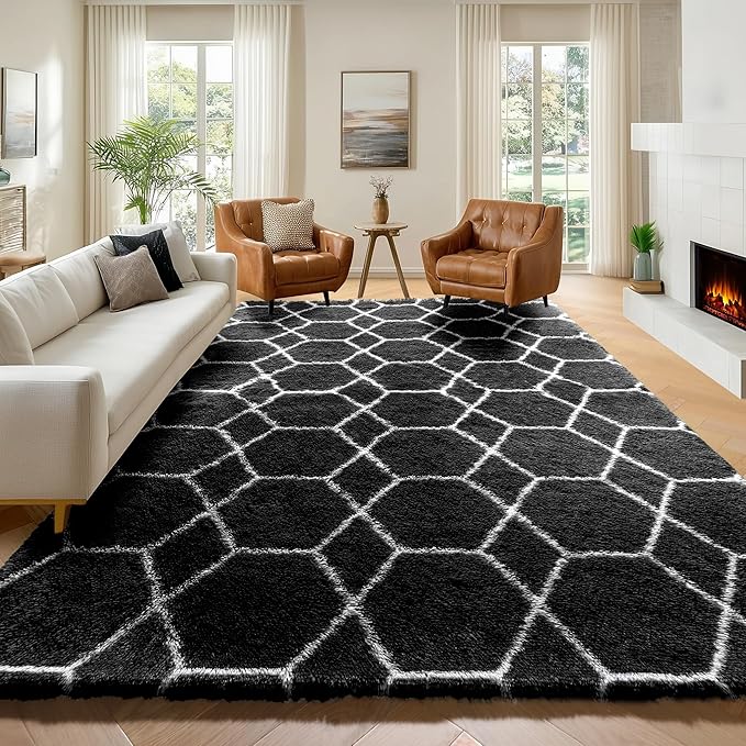 ONASAR 7x9 Area Rugs for Living Room Bedroom, Large Fluffy Black and White by ONASAR