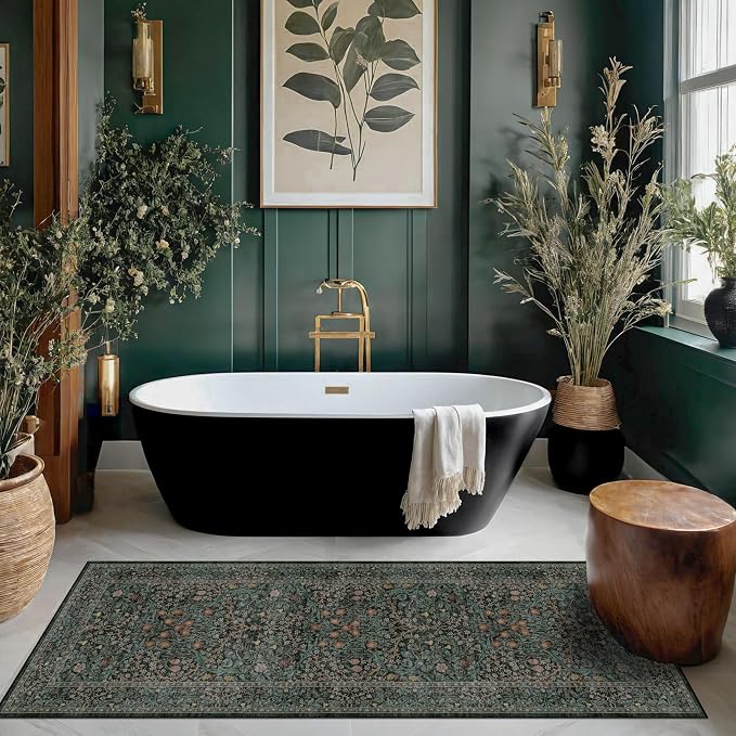 Dark Green 2x5 Runner Rug Non Slip Washable by HazoHaus