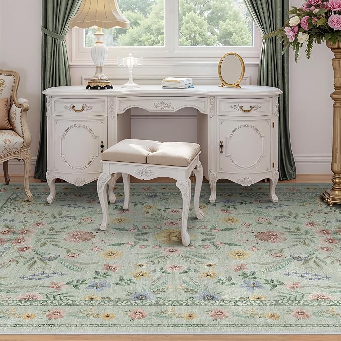 Green Floral Rug for Girls, 5x7 Washable Botanical Bedroom Rug for Nursery - Image 3